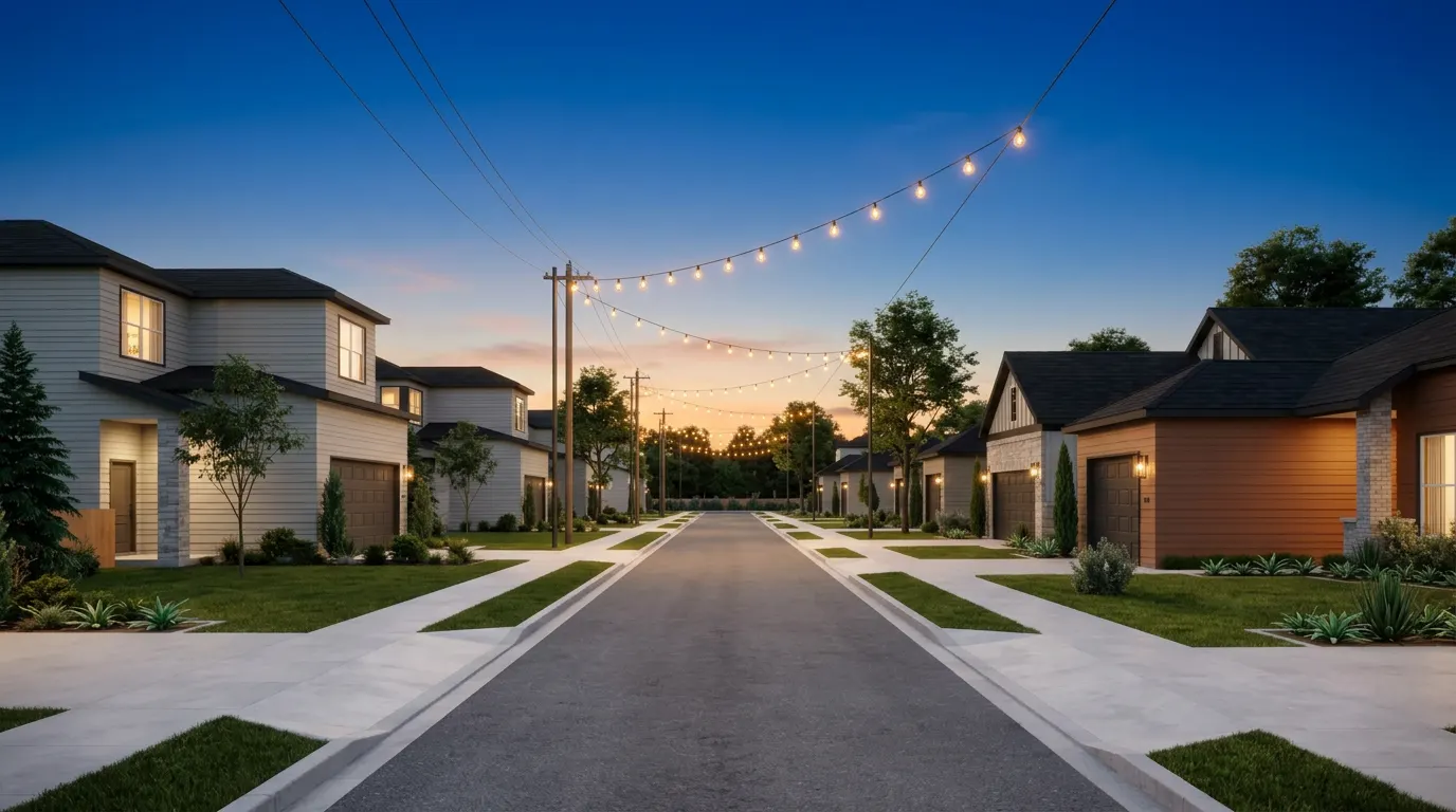 A neighborhood street at dusk lit with string lights