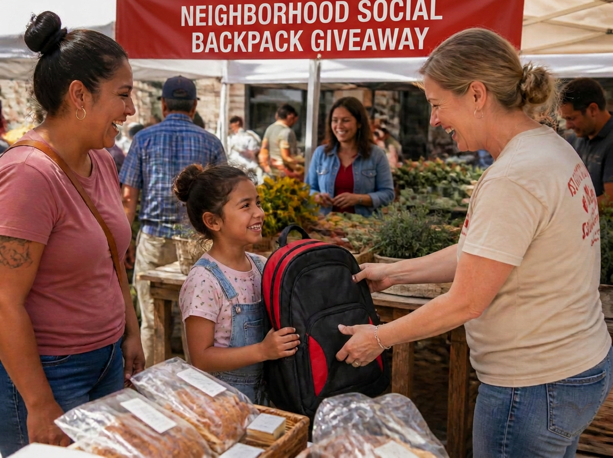A young girl smiling as she receives a backpack at the market