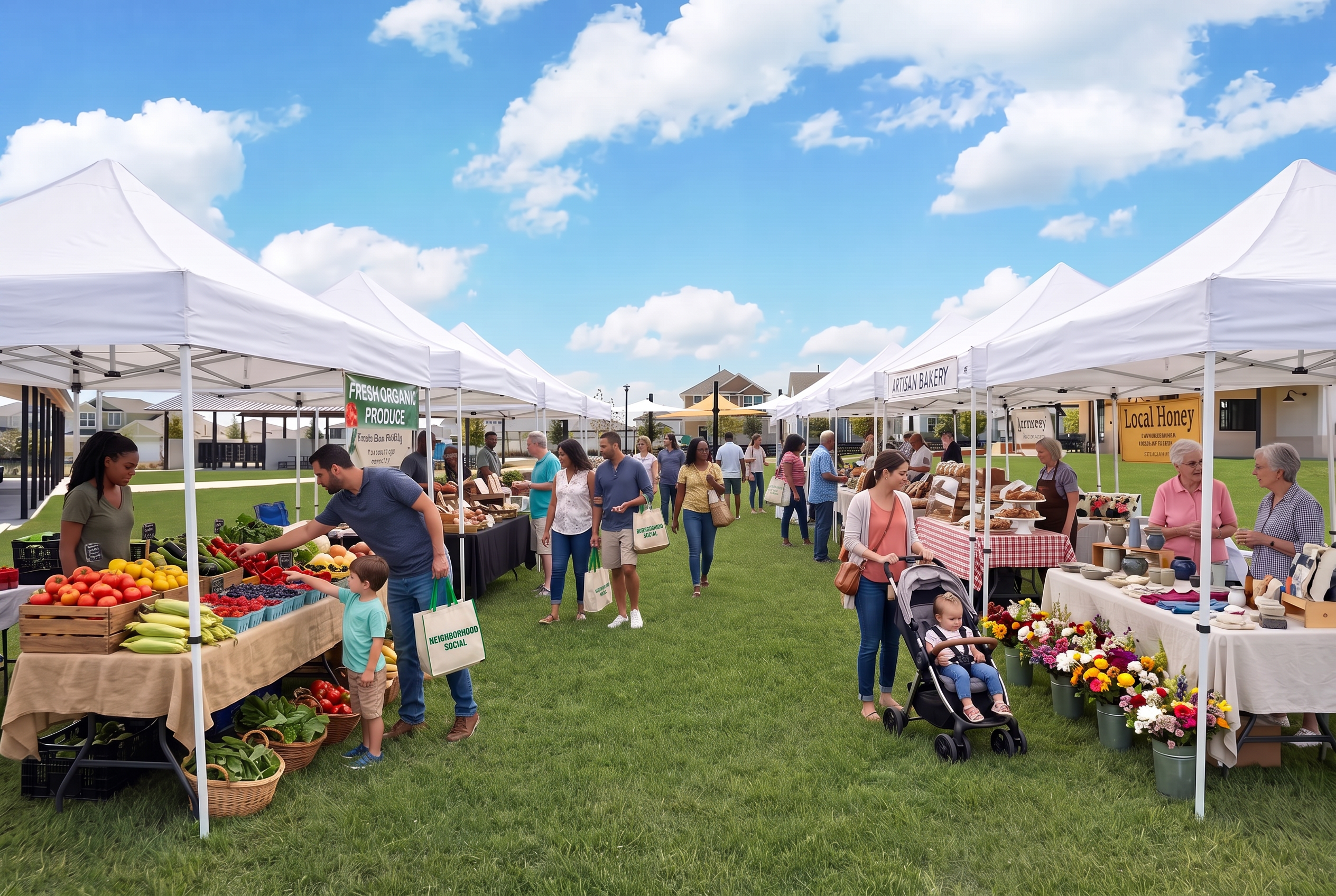 Families gathered at a community market