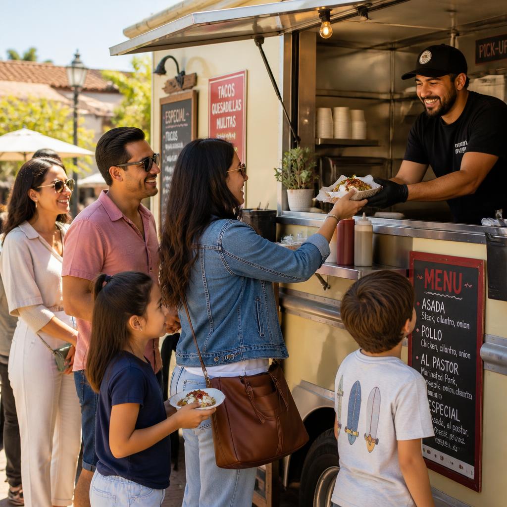 Family ordering tacos from a food truck at the market