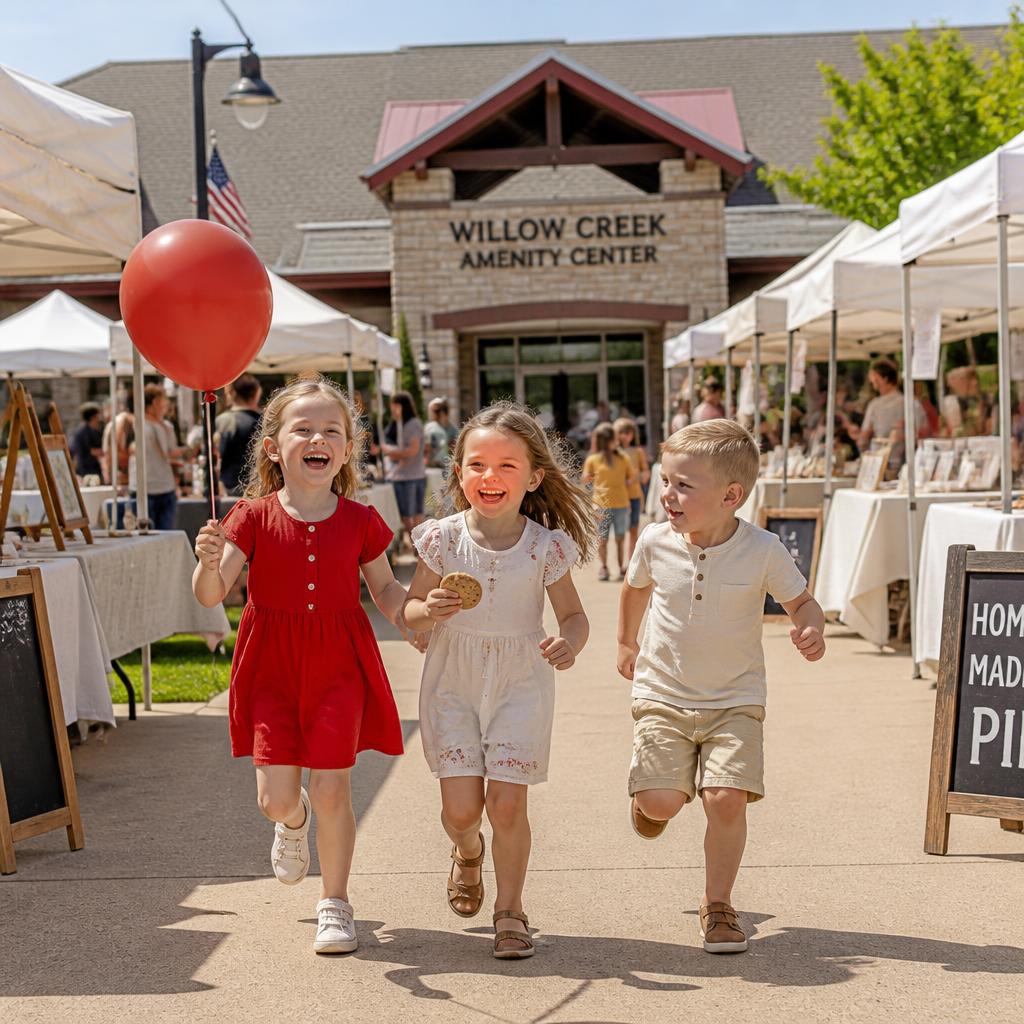 Kids running and laughing between vendor tents
