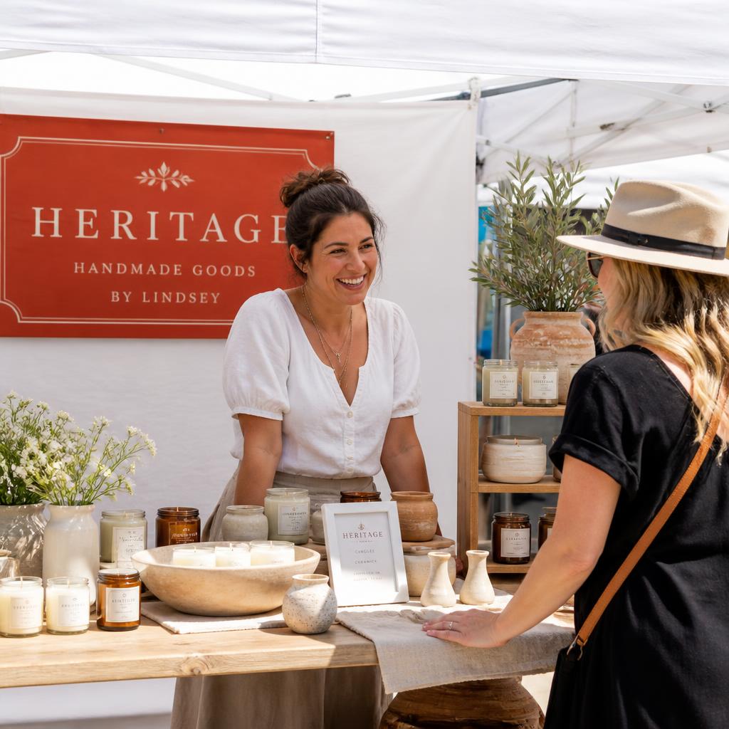 A maker chatting with a customer at her handmade goods booth