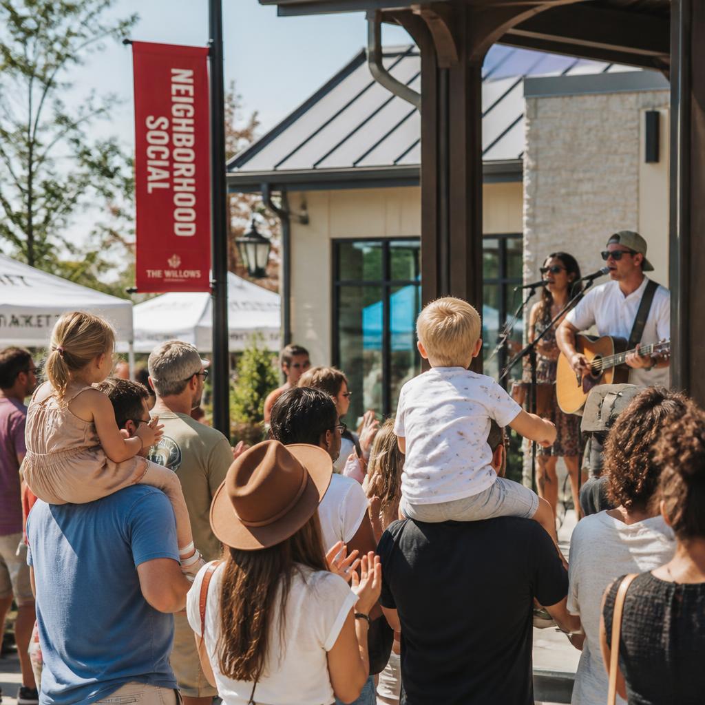 Live musicians on stage as neighbors dance and clap